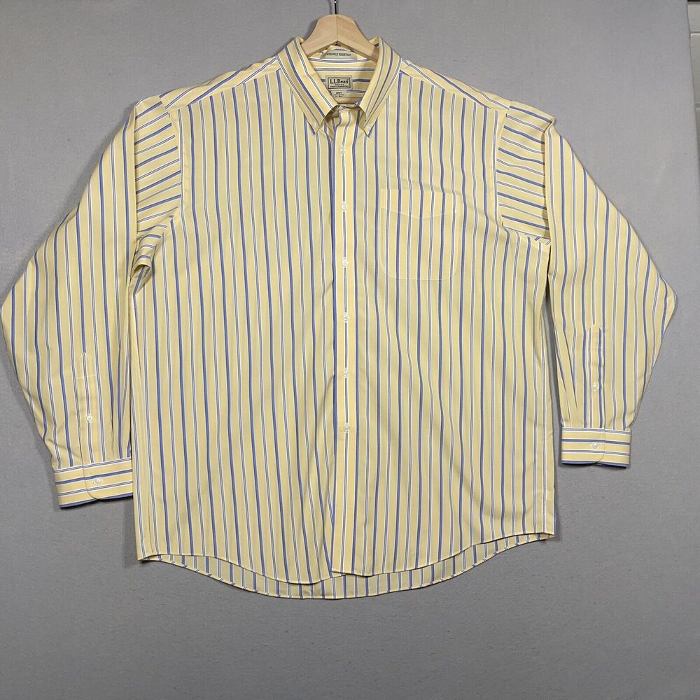 LL Bean Shirt  Mens XL Regular Yellow Blue Striped Wrinkle Resistant Office